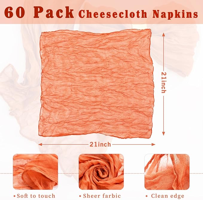 60 Pack Orange Cheesecloth Napkins 21x21 Inches Orange Cloth Napkins Set of 60 Washable Dinner Table Napkins for Wedding Bridal Baby Shower Rustic Boho Cotton Gauze Family Party Table Decor