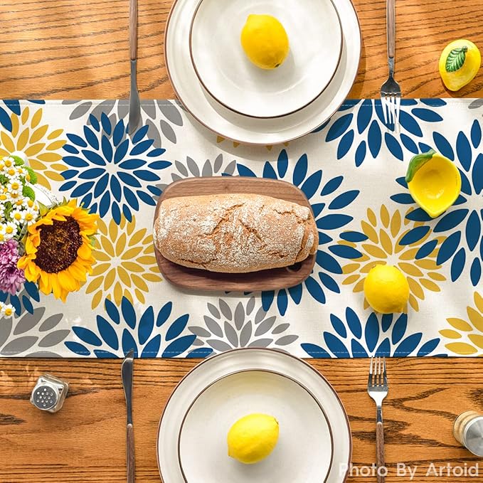 Artoid Mode Blue Dahlia Floral Pinnata Summer Table Runner, Spring Kitchen Dining Table Decoration for Home Party Decor 13x36 Inch