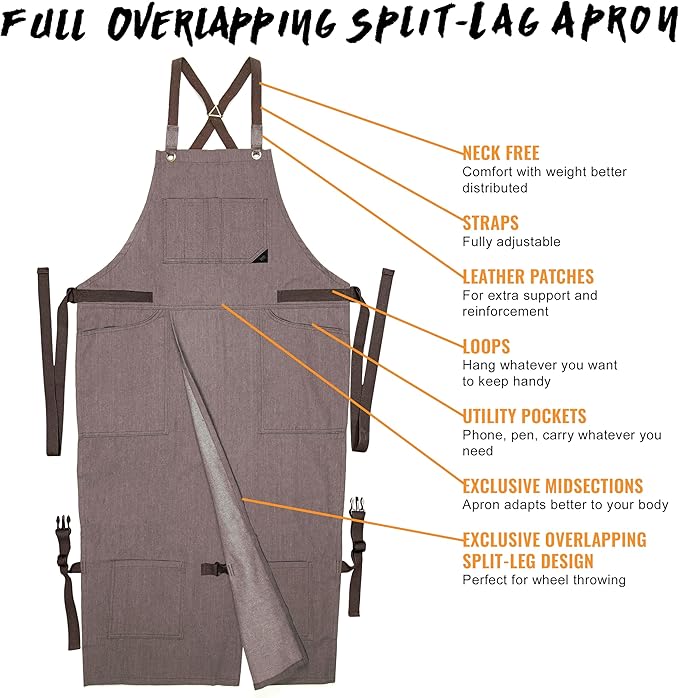 Under NY Sky Pottery Beige Apron - Full Cover Cross-Back, Durable Denim, Leather Reinforcement, Overlapping Split-Leg - Adjustable for Men, Women - Pottery Artist, Ceramics