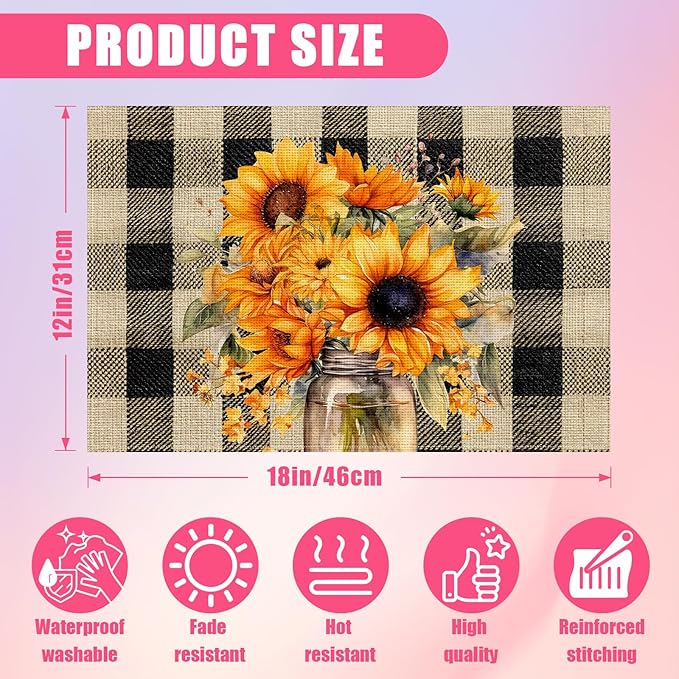 Watercolor Sunflower Placemats Set of 6,12x18 Inch Flower Floral Linen Place Mat Washable Stain Resistant Table Mats for Spring Summer Seasonal Farmhouse Kitchen Party Home Decor