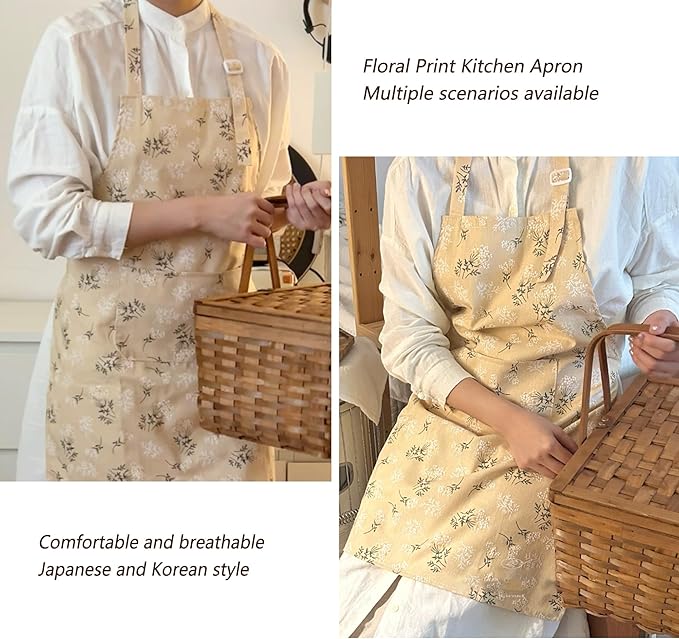 Kitchen Aprons for Women, Japanese Vintage Floral Apron With Adjustable Neck Strap and pocket for Men Gardening Cooking Arting Painting