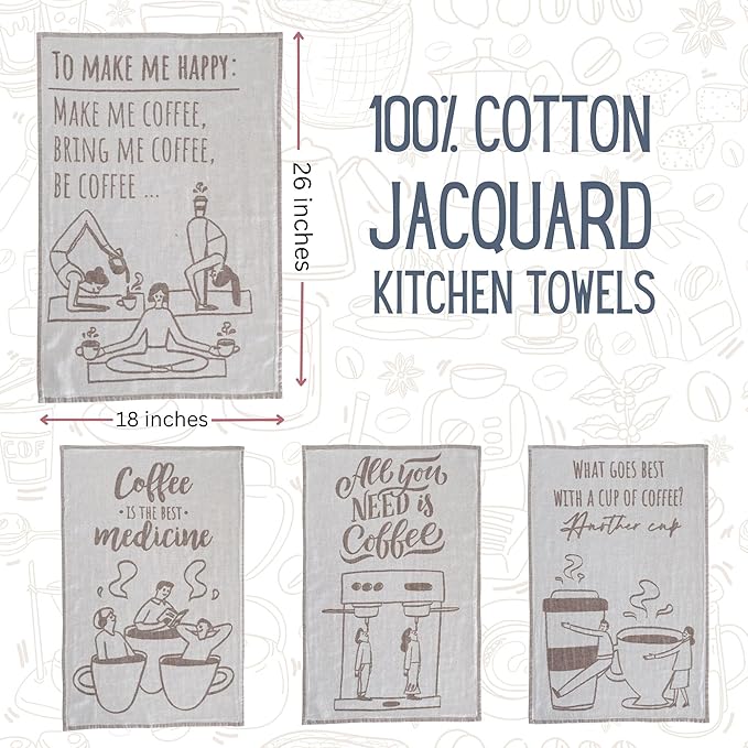 sea me at home Coffee Themed Funny Dish Towels for Kitchen Drying, 100% Cotton Kitchen Tea Towel Set of 4, Housewarming Birthday Gift for Coffee Lovers (Coffee Lovers)