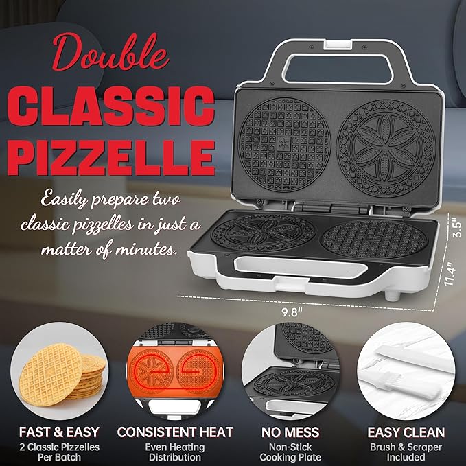 SugarWhisk Pizzelle Maker Electric, Non-stick Stroopwafel Iron, 2 X 5" Cookie Machine for Christmas, 4" Mold Included, White