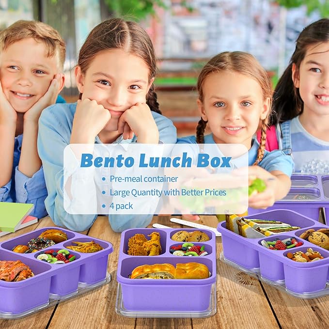 Bento Box 4-Pack 5-Compartment Meal Prep Containers, BPA-Free Plastic, Stackable Food Storage Lunch Boxes for Adults and Kids, School Work Travel (Purple)
