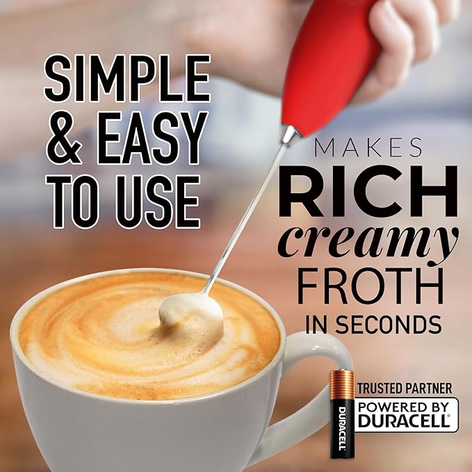 Zulay Kitchen Milk Frother Handheld Electric Whisk with AA Duracell Batteries – Durable Drink Mixer for Coffee, Lattes, Cappuccinos & More - Red