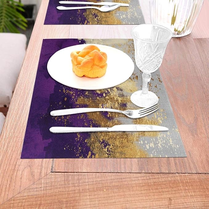 Purple Gold Abstract Linen Placemats Set of 4, Heat Resistant Wipeable Purple Place Mats for Kitchen Dining Table Holiday Wedding Party Outdoor Farmhouse Gardening, Kitchen Home Decor, 12 x 18 Inch