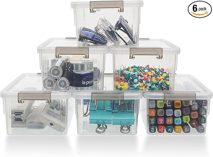 Citylife 1.3 QT 6 Pack Small Storage Bins Plastic Storage Container Stackable Box with Lids for Organizing, Clear White