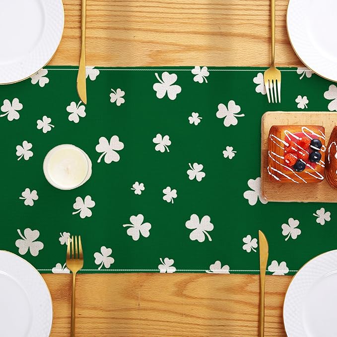 ONFAON St Patricks Day Table Runner 13 x 72 Inch,Green Lucky Shamrock Seasonal Spring Holiday Table Decorations Home Party Kitchen Dining Table Decor
