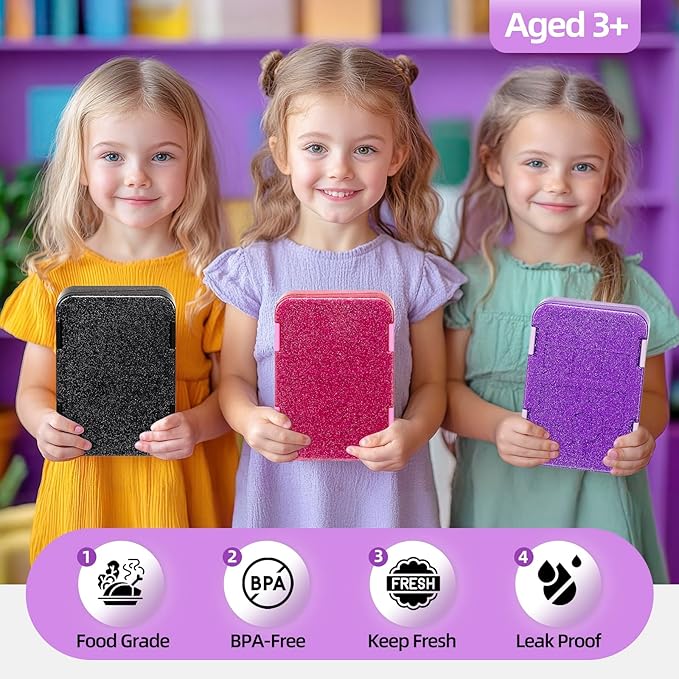 Bento Lunch Box for Kids, 6 Compartments BPA Free, Dishwasher Safe Back to School Snack Bento Lunch Containers Boxes, Ideal Portion Sizes for On-the-Go Meal, Shiny Black