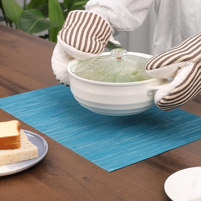 Myir JUN Placemats Set of 6, Vinyl Woven Placemats Place Mats Indoor Washable Table Mats Non-Slip Place mats for Dining Table (Blue, Set of 6)