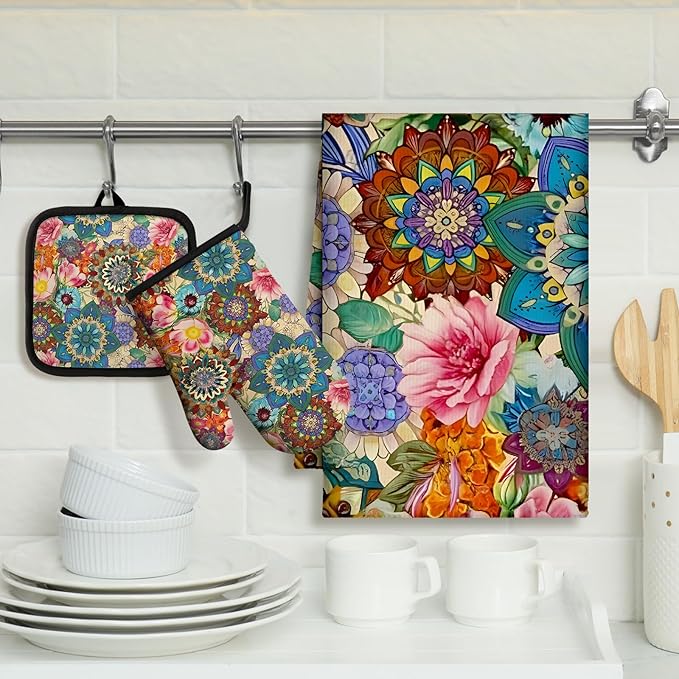 Jingmore 6 Pcs Kitchen Decor Set Accessory Farmhouse Kitchen Towels Pot Holders Oven Mitts Set 2 Dish Towels 2 Pot Holders 2 Cooking Mittens Oven Glove for Cooking(Colorful,Boho Floral)