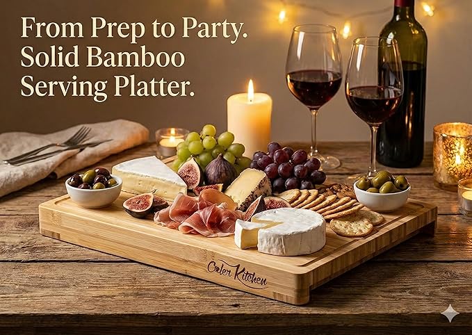 Cooler Kitchen Bamboo Cutting Board Set with 6 Color Coded Flexible Plastic Mats with Food Icons, Labeled Cutting Boards for Kitchen with Holder - BPA-Free Wooden, Dishwasher Safe, Large