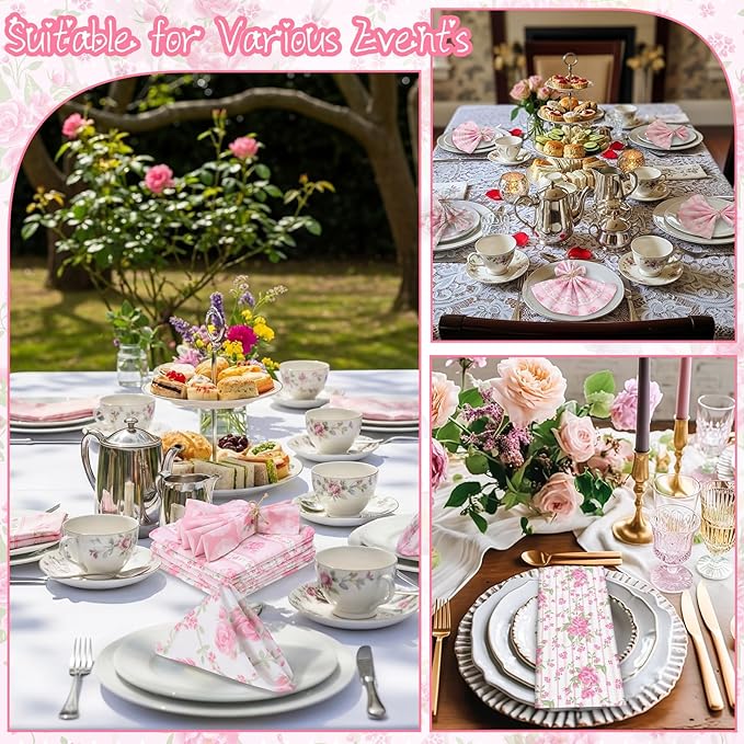 12 Pcs Floral Cloth Napkins 6 Patterns Washable Dinner Tea Party Napkins Reusable Plant Flowers Square Napkin Cotton Towel Decorative for Spring Wildflower Party (Pink Flowers)