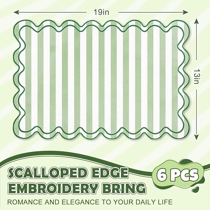 Whaline Green Stripe Linen Placemats Embroidered Scalloped Kitchen Place Mats for Spring Party Home Dining Table Decor, Set of 6, 13 x 19 in