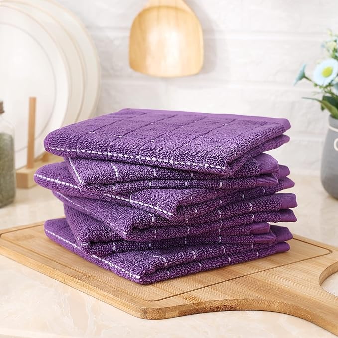 Homaxy 100% Cotton Terry Kitchen Dish Cloths, Ultra Soft and Absorbent Dish Towels for Kitchen, Suitable for Drying and Washing Dishes, 4 Pack, 12 x 12 Inches, Purple