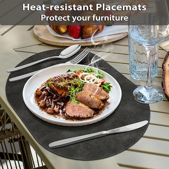 ADRIMER Placemats, Heat Resistant Oval Placemats Set of 8 Washable 12 x 17 Inch, Waterproof Table Mats, Wipeable Pu Place Mats for Kitchen, Dark Grey