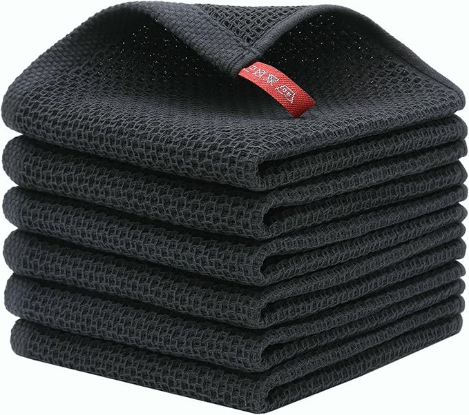 Mia'sDream Cotton Kitchen Towels and Dish Cloths Sets, Waffle Weave Dish Towels for Kitchen Drying Dishes, Soft and Absorbent Kitchen Hand Towels Washcloths,12inchx12inch 6 Pack (Black)