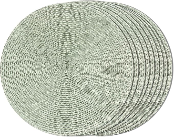 FunWheat Round Braided Placemats Set of 8 Place Mats for Dining Table Woven Washable Non-Slip Table Mats 15 Inch(Fog Green,8pcs)