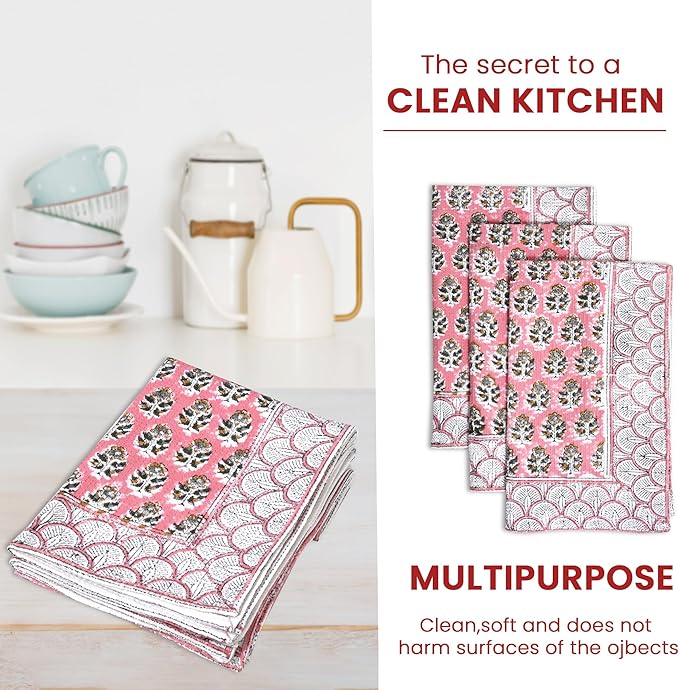 CPC Poppy Pink Hand Block Print Waffle Kitchen Towel Set of 3-16 x 28 Inch Ultra Absorbent Quick Dry Cotton Dish Towels Lightweight Reusable Sustainable Tea Towels for Cleaning and Drying