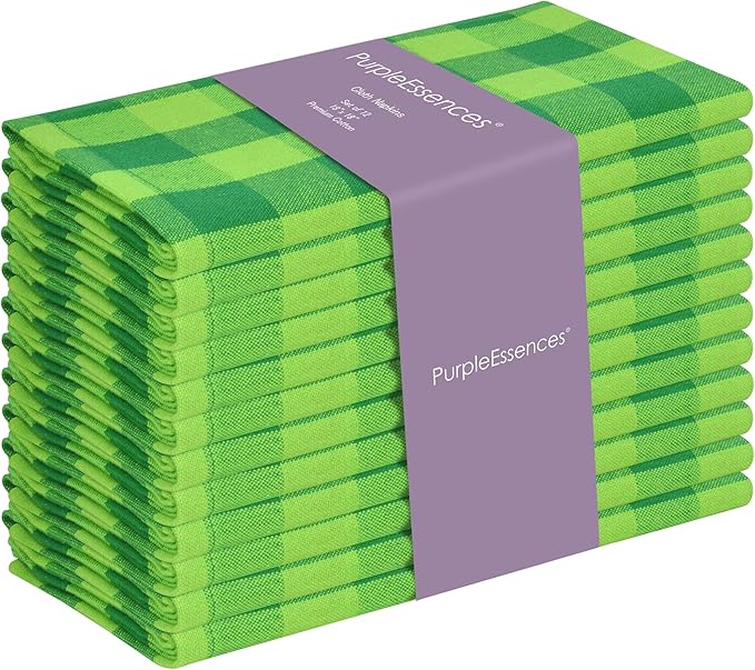PurpleEssences Buffalo Plaid Cloth Napkins - Mitered Corners - St Patricks Day Summer - Gingham Check Dinner Napkin - Set of 12-100% Cotton - 18x18 Inch - Reusable Washable - St Patricks Green