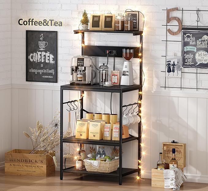 SUPERJARE Kitchen Bakers Rack with Power Outlet, Coffee Bar Table 4 Tiers, Kitchen Microwave Stand with 6 S-Shaped Hooks, Storage Shelf Rack for Spices, Pots and Pans - Black