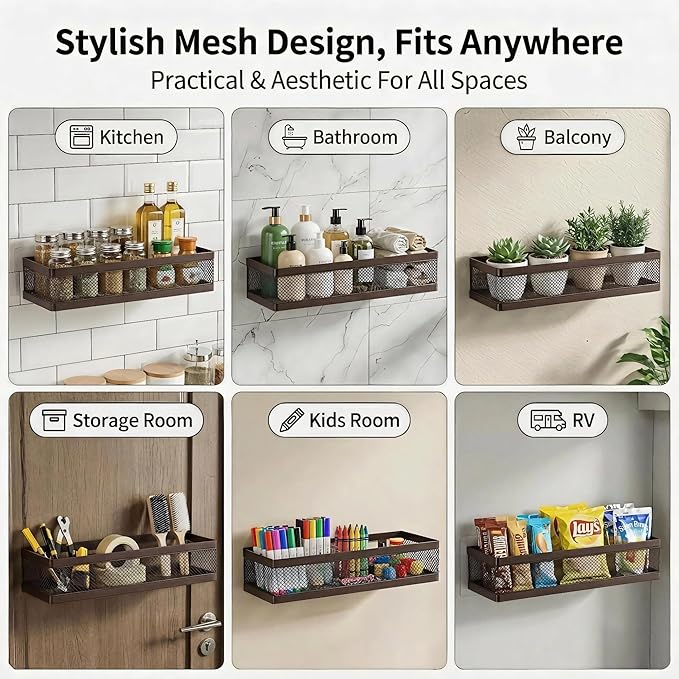 PUSDON 16.5-Inch Extra Long Slim Mesh Shower Caddy, Wall Mounted Bathroom Organizer with Adhesive, Heavy Duty Rustproof Shelf for Narrow Kitchen Pantry & RV, Holds 50 LBS Bronze -2 Packs Netting