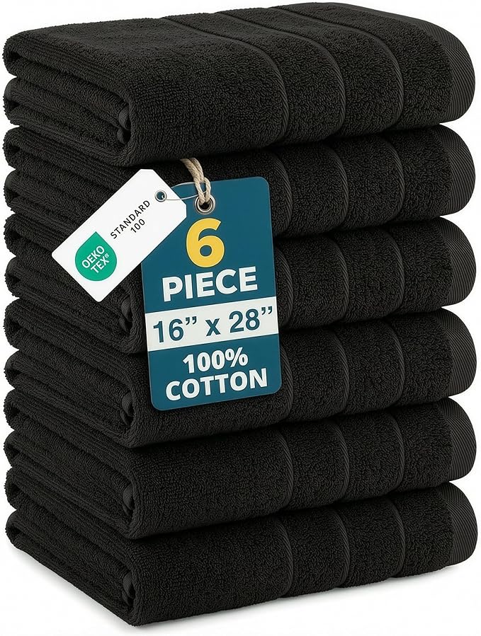 Black Hand Towels for Bathroom - 6 Pack (16"x28"), 100% Ringspun Cotton Hand & Face Towel - Soft, Prevent Fraying, Fade and Shrink Resistant - Daily Use Gym Towels for Men & Family Bathroom Hand Towel
