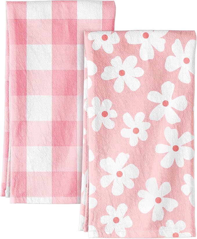 Miss Adola 2pcs Flour Sack Kitchen Towels - 18"x 26" Cotton Kitchen Hand Towels with Hanging Loop Reusable Geometric Girly Plaid Floral Tea Towel Absorbent Dishcloths Home Decor, Pink Flower