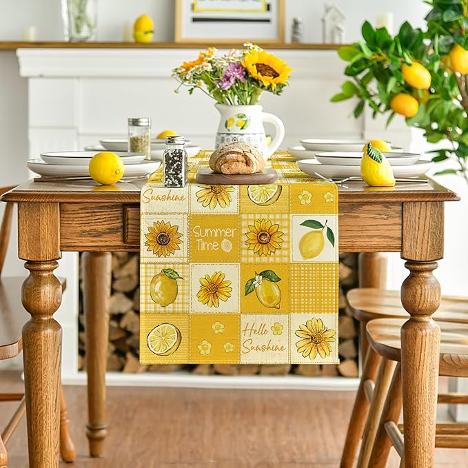 Artoid Mode Sunflower Lemon 210 GSM Hello Sunshine Summer Table Runner, Seasonal Kitchen Dining Table Decoration for Home Party Decor 13x72 Inch