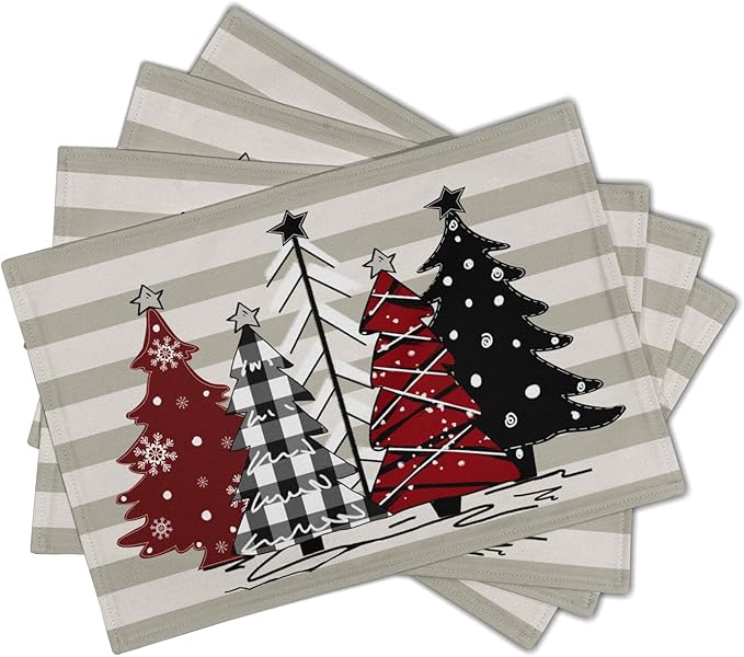 Xmas Tree Placemats Set of 4 Red Black Buffalo Plaid Pine Tree Non-Slip Washable Place Mats Stripe Decoration Table Mats 12 x 18 Inch for Winter Tabletop Holiday Party