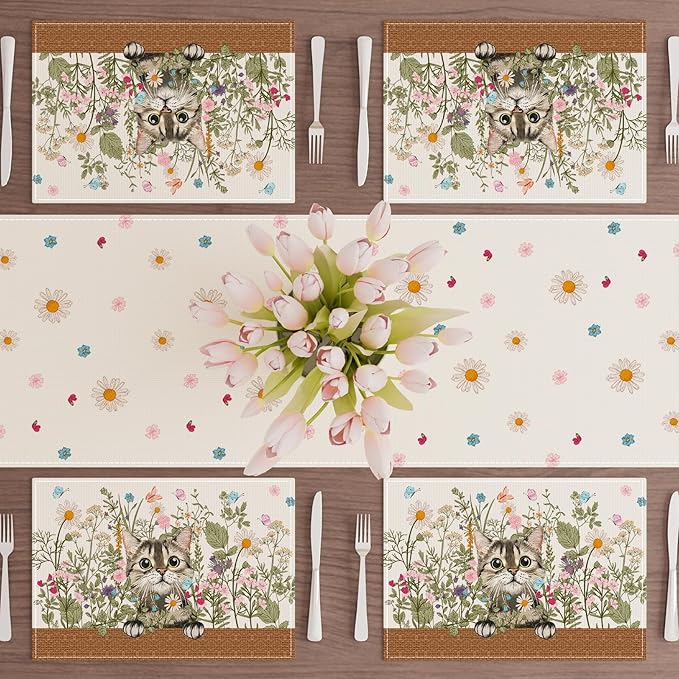 XCHI Wildflowers Cat Daisy Spring Placemats Set of 4 Summer Table Mats for Party Home Kitchen Dining Table Decorations 12x18 Inch