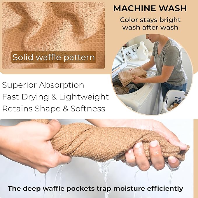 Highly Absorbent Cotton Dish Towels for Drying - Set of 6 Beige Kitchen Towels - 18"X28" Lint Free Waffle Weave Cloth Linen Hand Bathroom Bulk Dishtowels
