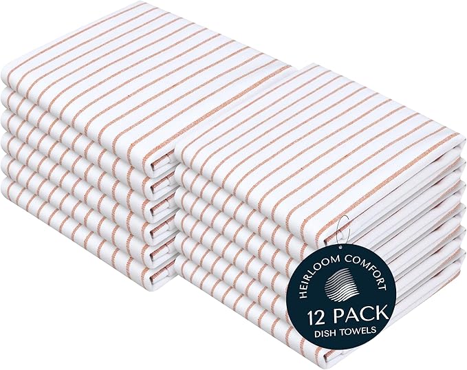 Rust Stripe Dish Towels, 12 Pack, 100% Cotton, Super Absorbent and Quick Dry, Classic Striped Kitchen Towel Set, Durable Wash Cloths for Kitchen Use, Cleaning & Drying Dishes
