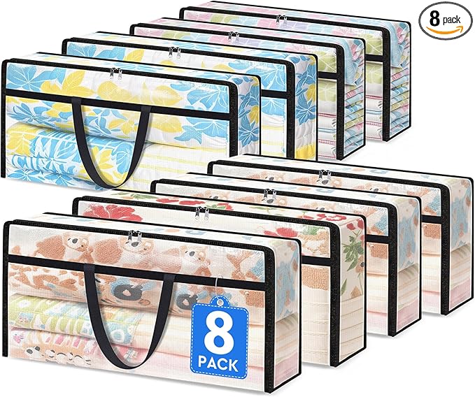 TasticTotes 8 Pack Long Clear Storage Bags for Comforter, Clothes & Bedding, Plastic Blanket Storage with Zipper and Handle, Moving Bags, Closet Organizer and Under-Bed Storage (90L, 39.4"*7.1"*19.7")