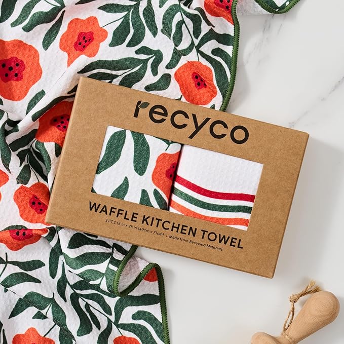 RECYCO Waffle Kitchen Towel Set of 2 - Quick Dry Microfiber Sustainable Dish Towels - Ultra Absorbent Reusable Cleaning Tea Towels - Lightweight Hand Towels,16”x 28”, Poppy Waves