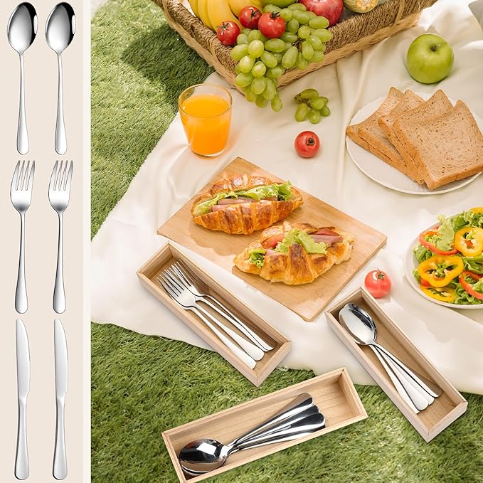 Baderke 3 Pcs Bamboo Drawer Organizer 10 x 3 x 2'' Kitchen Silverware Organizer Tray Long Stackable Storage Box Wooden Utensil Holder with Silverware Set for Kitchen Bathroom Cabinet(Natural)
