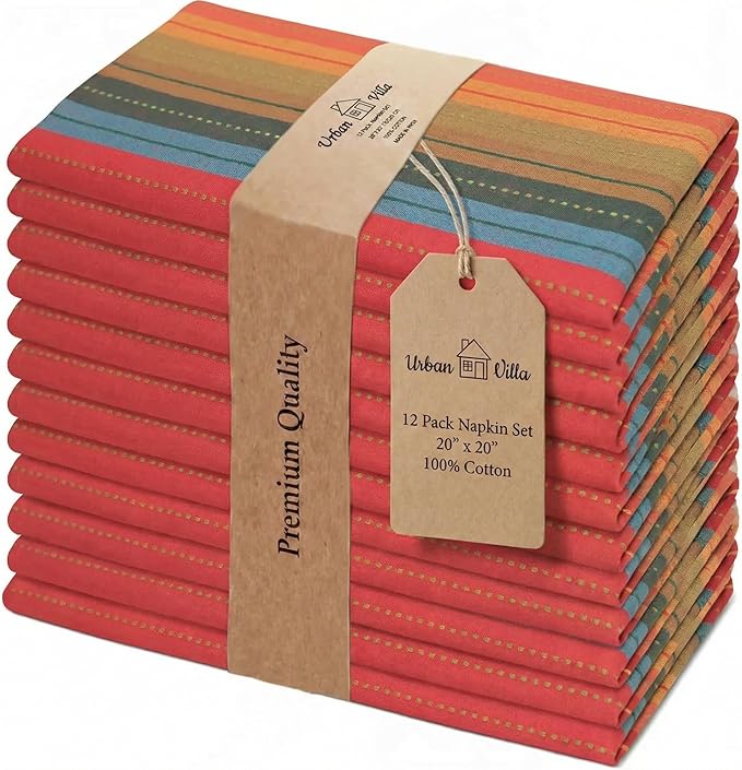 Urban Villa Cloth Napkins Cuisine Stripes 100% Cotton Absorbent Dinner Napkins Set of 12 (20x20) Soft Durable Washable Reusable Napkins for Hotel Lunch Restaurant Lunch Everyday Use - Red Multi