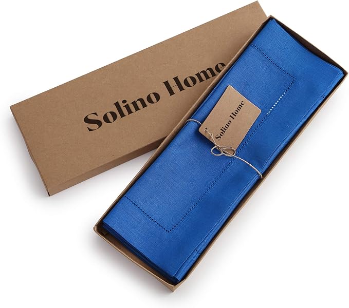 Solino Home Linen Placemats Set of 4 - Classic Hemstitch Royal Blue Placemats 14 x 19 Inch - 100% Pure Linen Table Mats for Spring, Summer