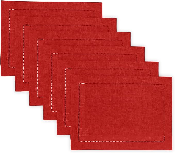 Solino Home Linen Cloth Placemats Set of 6-100% Pure Linen Hemstitch Red Placemats 14 x 19 Inch - Classic Hemstitch Table Place Mats for Mothers Day, Memorial Day