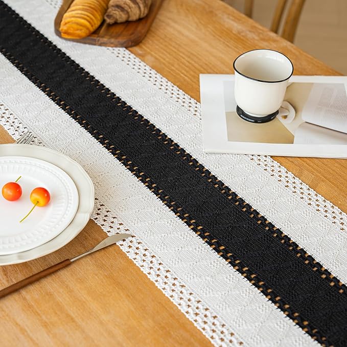 FEXIA Boho Table Runner for Home Decor with Tassels 60 Inches Long,Black Farmhouse Rustic Table Runner Macrame Burlap Table Decoration for Living Room Bridal Shower(12x60 Inches)