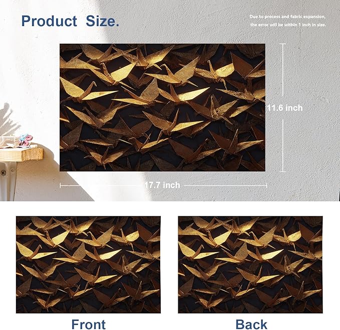 Batmerry Origami Cranes Placemats, Golden Paper Cranes On Dark Washable Linen Table Mats for Kitchen Table Double Insulation Decor Dining Set Indoor Outdoor 12X18 in Set of 4