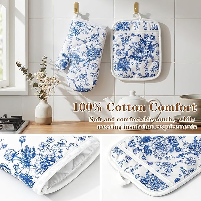 AnyDesign 4Pcs Blue Porcelain Floral Oven Mitts and Pot Holders Set Heat Resistant Non-Slip Potholders Chinoiserie Flower Kitchen Oven Gloves with Hot Pads for Cooking Baking