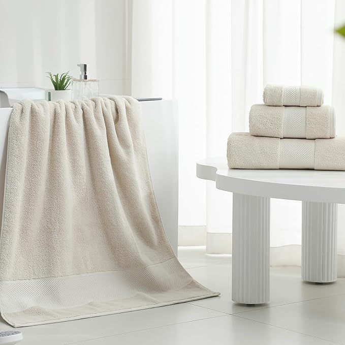 Simple&Opulence Premium 100% Cotton Towel Set - 6 Piece Soft Absorbent Set for Bathroom, Hotel and Spa - 2 Bath Towels 28"x55", 2 Hand Towels 16"x28" & 2 Washcloths 12"x12" (Ivory)