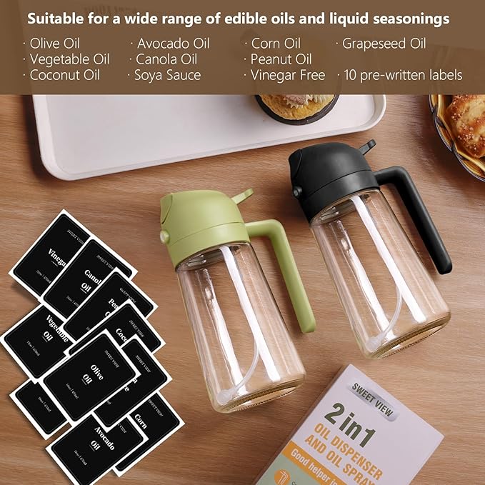 SWEET VIEW 2PCS Oil Sprayer for Cooking, 16oz/470ml Glass Oil Dispenser/Pour Bottle, Kitchen Accessories, Kitchen Gadgets for Air Fryer, Salad, BBQ, with Stickers (Black,White)