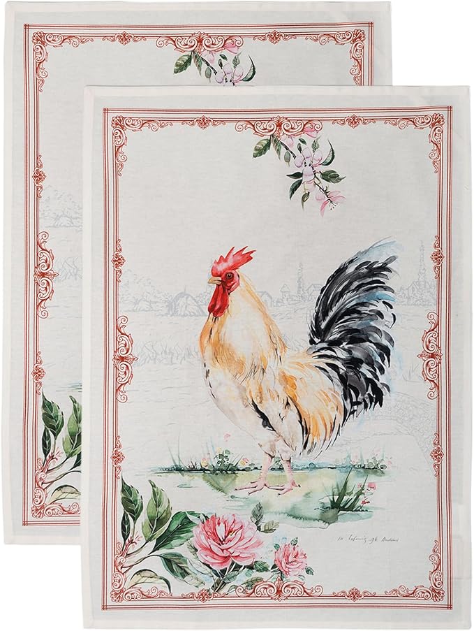 100% Cotton Kitchen Towel Campagne Maison d' Hermine Set of 2 Super Soft Highly Absorbent Hotel Quality Quick Drying Cleaning Dishcloth Tea Bar Towels Spring/Summer (Coq, 20"x27.50")