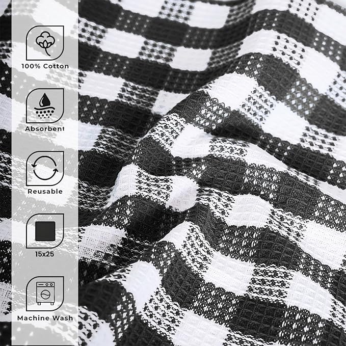 Blue Needles Waffle Weave Kitchen Towels, 15x25 Inches 100% Cotton Set of 6 Dish Cloths for Kitchen, Ultra Soft & Absorbent with Hanging Loop, Dish Rags for Quick Drying, Assorted - Black
