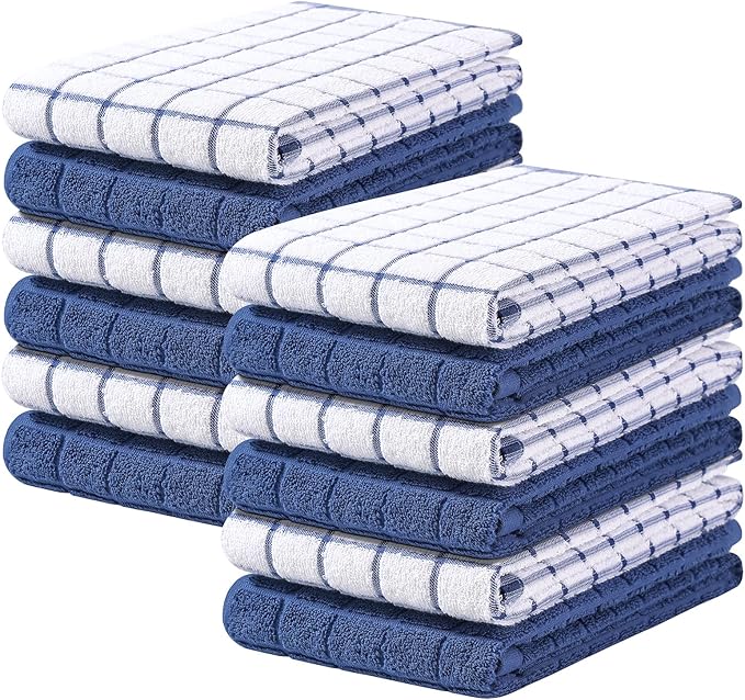Homaxy Premium Cotton Kitchen Towels 16"x 28", Large Natural Ring Spun 390 GSM Dish Towels, Super Absorbent Terry Kitchen Hand Towels, Soft Tea Towels with Hanging Loop, Navy Blue Check, 12 Pack