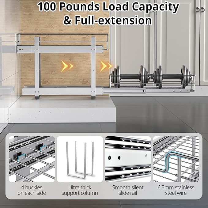 ZOINLIY Pull Out Cabinet Organizer, Versatile Slide Out Kitchen Organizers and Storage,Heavy Duty Drawer Cupboard Storage Basket, Smooth Sliding, Chrome Finish (2-Tiers-11¼''W×22“D)