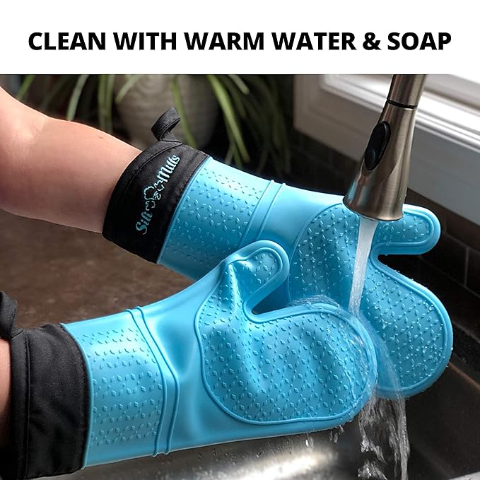 Silicone Oven Mitts Heat Resistant 500 Degrees - 2 Extra Long Silicone Oven Mitt Pot Holders - Food Safe Oven Gloves - BPA Free - Soft Inner Lining - (Blue) - Frux Sili Mitts