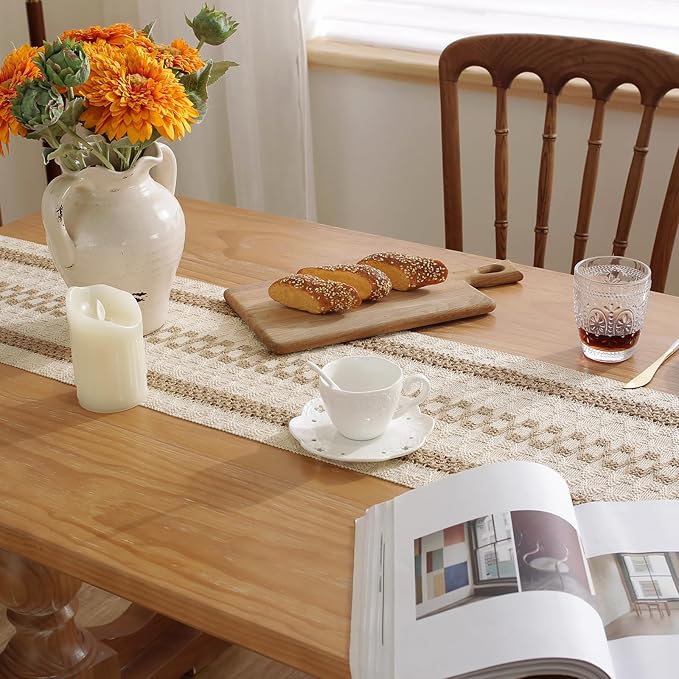 Niviy Boho Table Runner with Tassels 12 x 132 Inches Long, Cream & Brown Rustic Farmhouse Table Runner with Tassels for Home Kitchen Holiday Party and Wedding Decor Runner